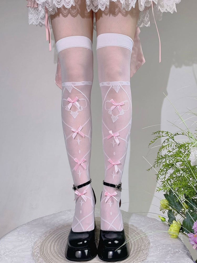 White and Pink Bow Semi-sheer Over Knee Stockings