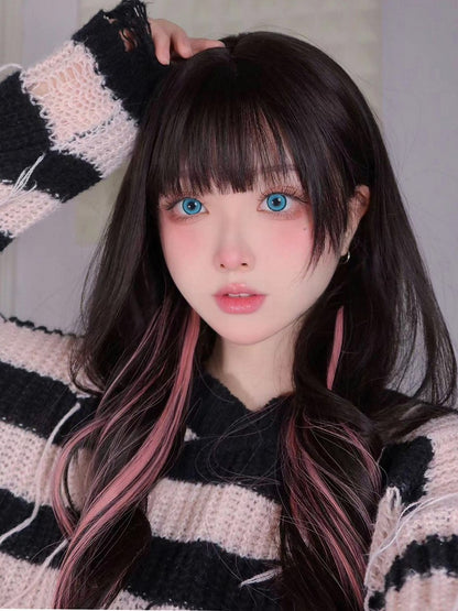 Air Wig Black Highlight And With 65CM Pink Wavy Bangs