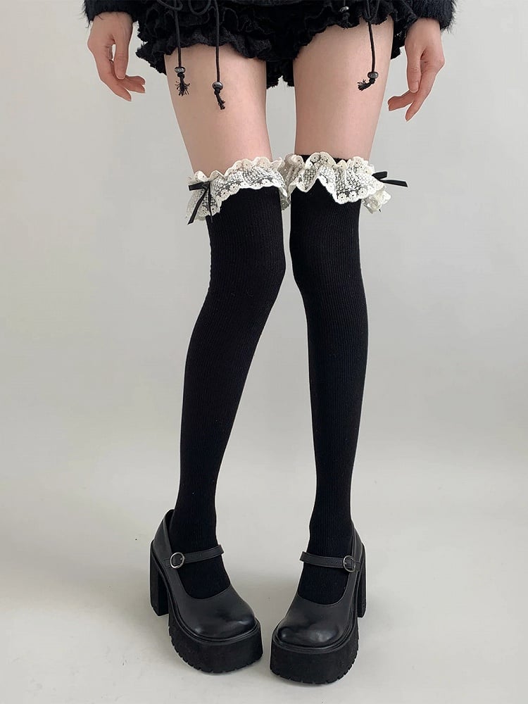 Colors) Lace Bow Ruffle Ribbed (5 Stockings Thigh-High