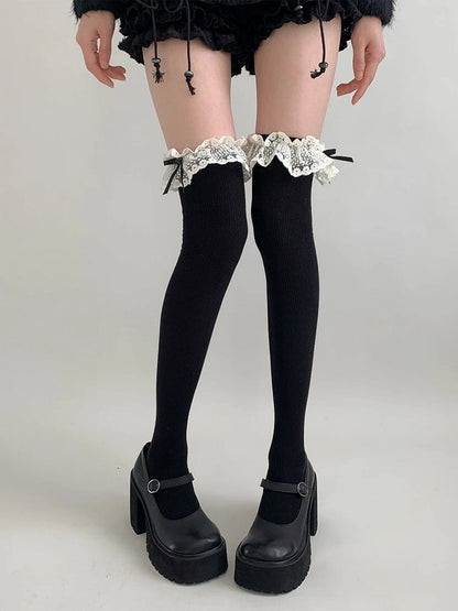 Colors) Lace Bow Ruffle Ribbed (5 Stockings Thigh-High