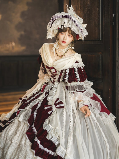 Ruffle High-low Lolita Red Shimmering Velvet Dress Cascading Hanayome and White