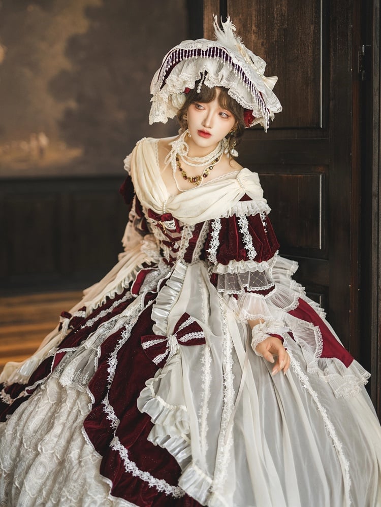 Hanayome Set Shimmering OP High-low and Velvet Lolita Gorgeous Full Dress White Red