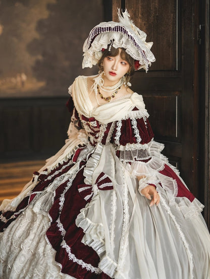 Hanayome Set Shimmering OP High-low and Velvet Lolita Gorgeous Full Dress White Red