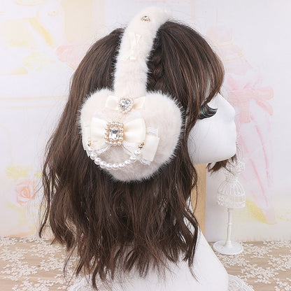 3 Earmuffs Bowknot Plush Options Jirai Rhinestone Pearl Color Kei