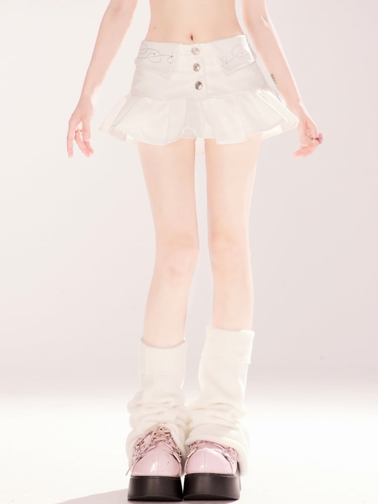 ミニスカート ラインストーン装飾 折り返しウエスト ホワイト