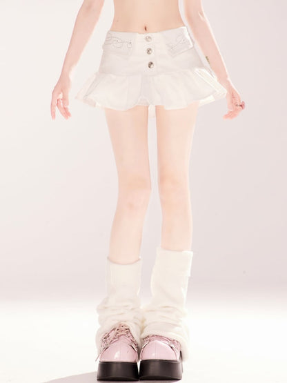 ミニスカート ラインストーン装飾 折り返しウエスト ホワイト