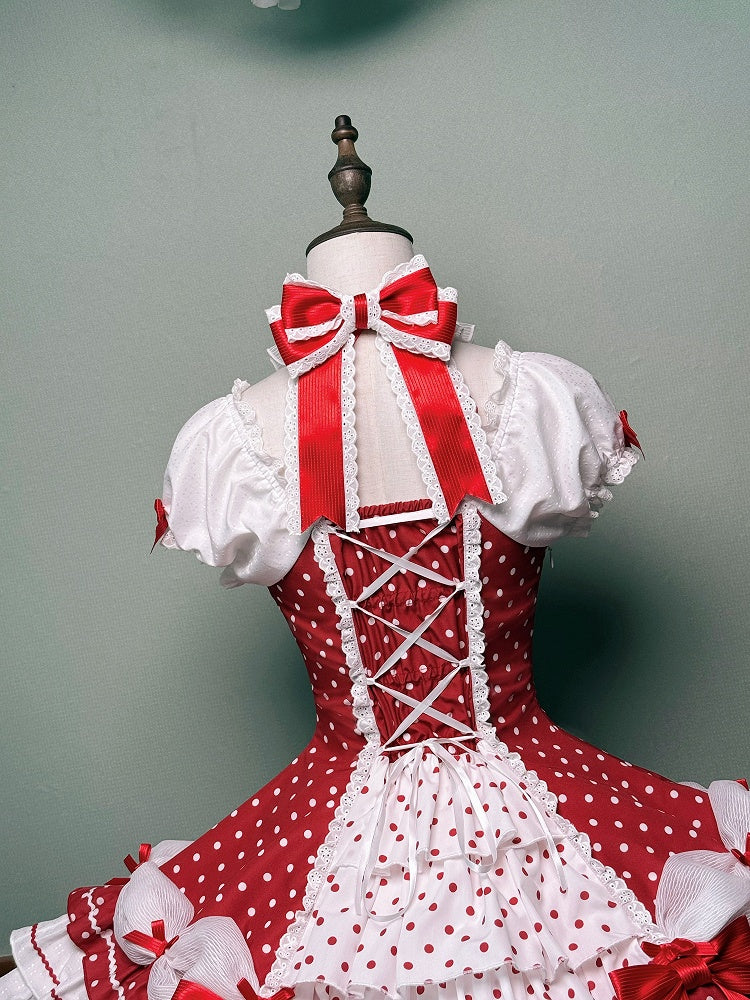 and Puff Dress Dot Sleeves School Polka Lolita Neck with Old Red Accents Halter Bow