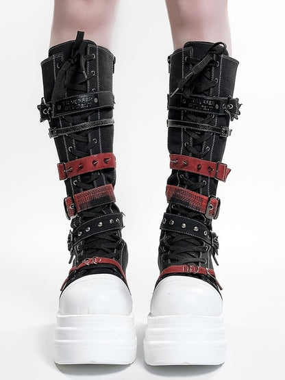 Bottes à plateforme avec système de fermeture, Punk, Hybride en toile rouge et noire