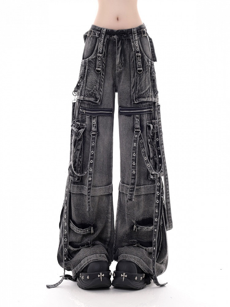 Dark Kawaii Washed Gray Multi-Pocket Cargo Wide Leg Jeans - KNOW8 Online Shop
