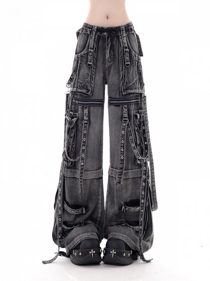 Dark Kawaii Washed Gray Multi-Pocket Cargo Wide Leg Jeans - KNOW8 Online Shop