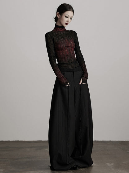 with Tie Curved Deco Pants Wide-Leg Goth Urban Black