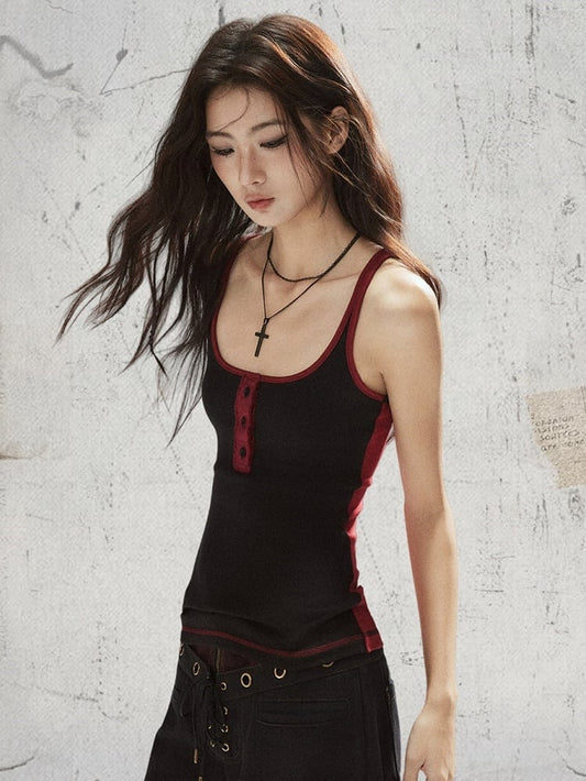 Scoop Top - Cami Red Slim-fitting Black Neckline