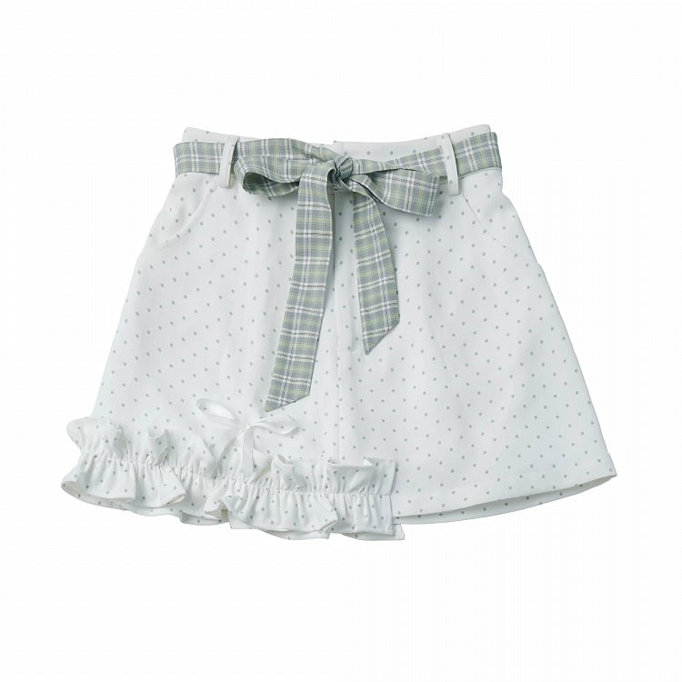 Asymmetrical Polka Dot Ruffled Skirt with Plaid Belt and Shorts - PINK SAVIOR