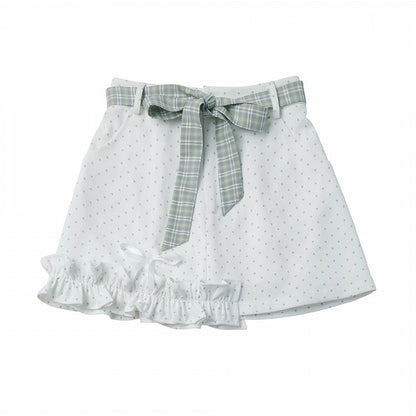 Asymmetrical Polka Dot Ruffled Skirt with Plaid Belt and Shorts - PINK SAVIOR