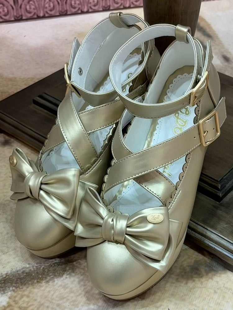 Platform Sweet in Look Bow Mary Shoes Lolita PU Top Wooden Golden at Jane