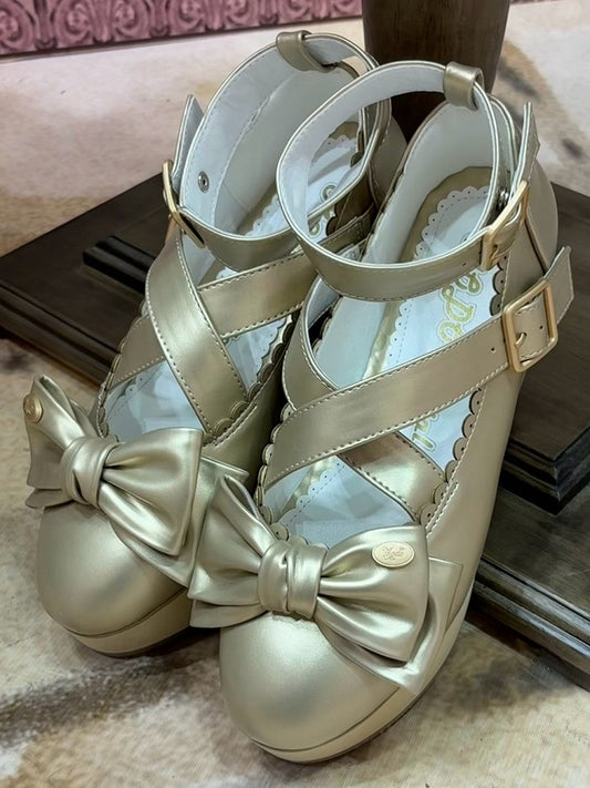 Platform Sweet in Look Bow Mary Shoes Lolita PU Top Wooden Golden at Jane