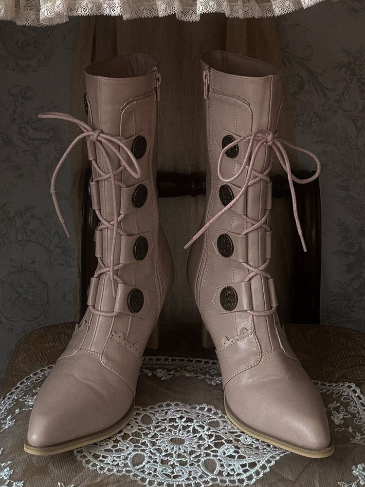 PU mit Lederspitze, spitze Absätze, Schnürstiefel, Lolita Sakura, wadenlange Details, rosa Design, Schnalle –