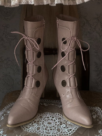 PU mit Lederspitze, spitze Absätze, Schnürstiefel, Lolita Sakura, wadenlange Details, rosa Design, Schnalle –