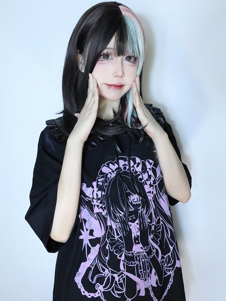 漫画ラウンドプリントブラックピンクTシャツジライケイネックガール