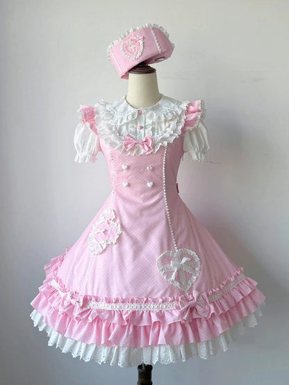 Pink Ruffle Lolita Dress Nurse Hemline Polka-dot Layered Pattern