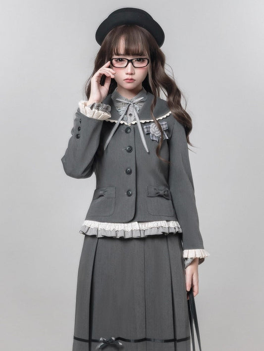 Jirai Flat Kei Collar Dark Gray Ruffled Blazer