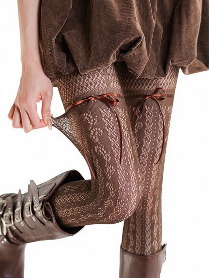 Brown Sheer Lace Pattern Tights with Bowknot Accents - ModaSwings