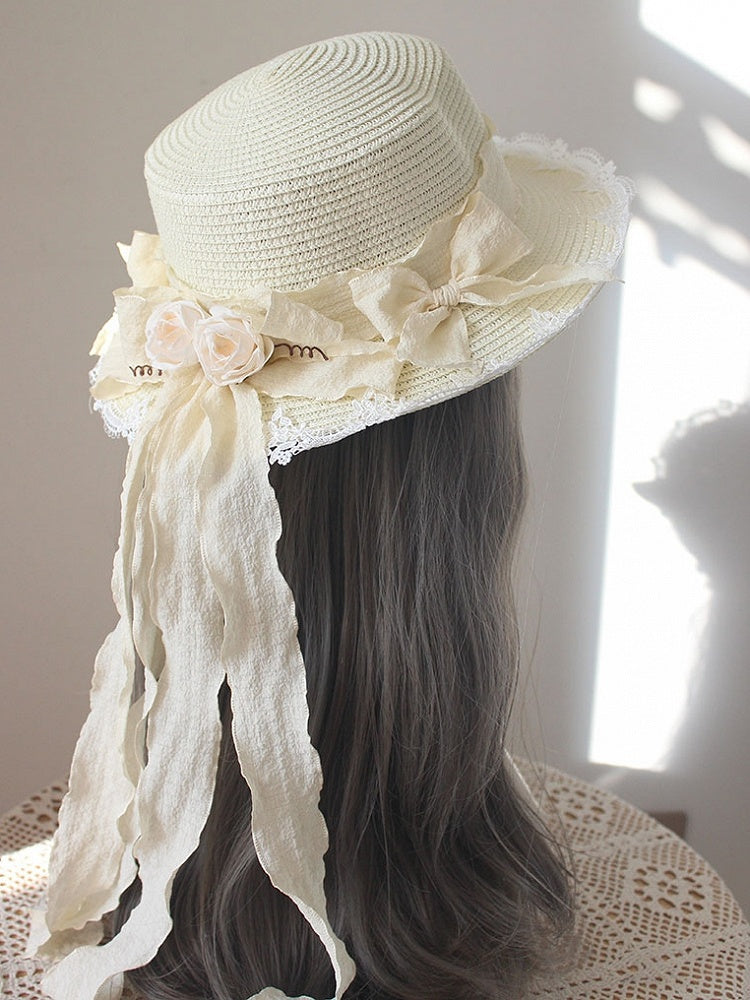 Lace Trim Floral Straw Hat