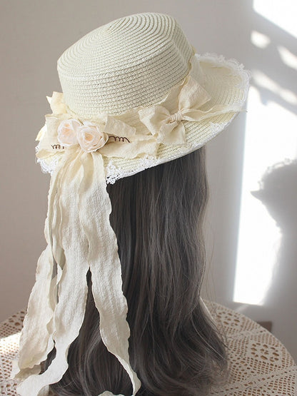 Lace Trim Floral Straw Hat