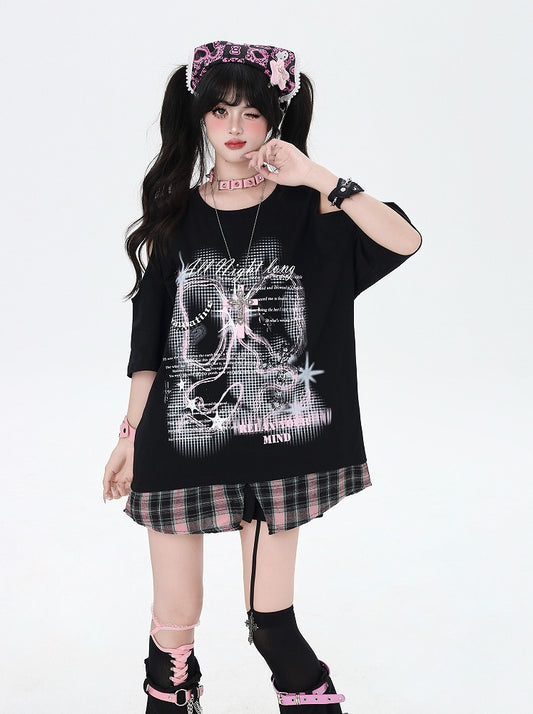 Plaid Hem Black Cutout Shoulder Graphic T-Shirt Pink Neck Round