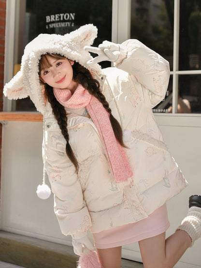 Süße weiße Daunenjacke mit Kapuze und Lamm-Print, kurze/lange Version