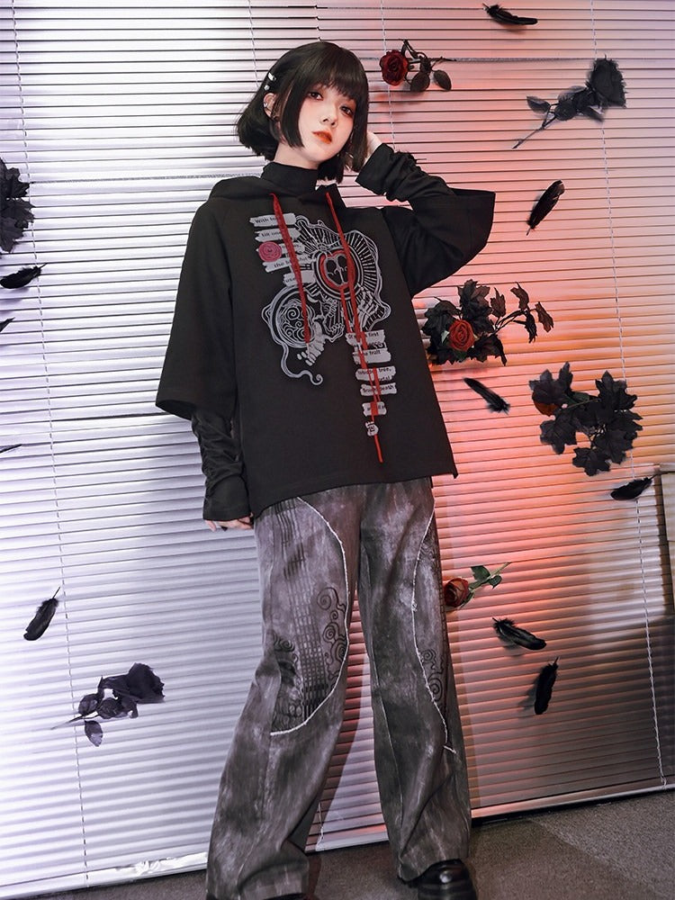 With Gothic Sleeve Graffiti Design 3/4 Dark Hoodie Print