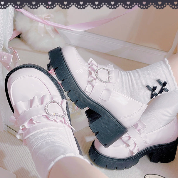 Shoes Jirai 6.5cm Pink Chunky Detail Kei with Loafers Beaded Heel Sweetheart Platform