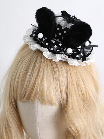 White Pom-Pom Dot Lolita - Bunny Hat Black Design Furry Ear Polka Mini