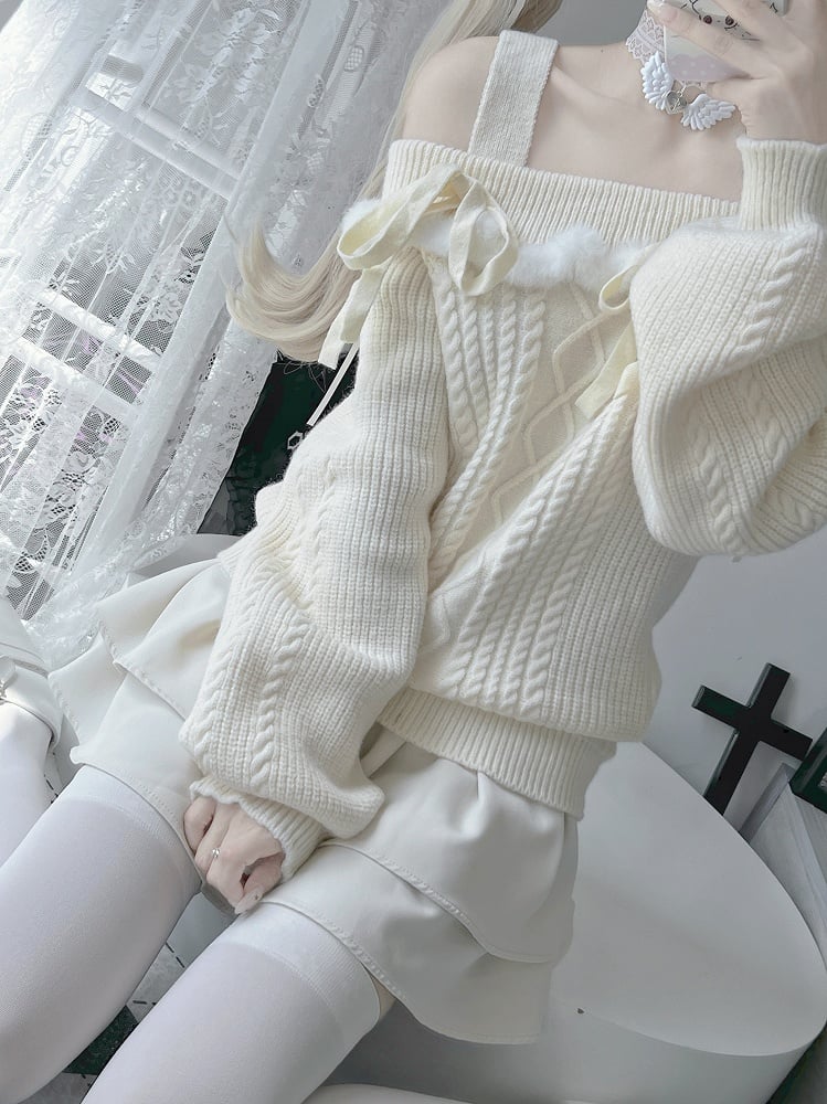 Jirai Kei – Beigefarbener Pullover im Landminen-Stil mit schulterfreier Schleife