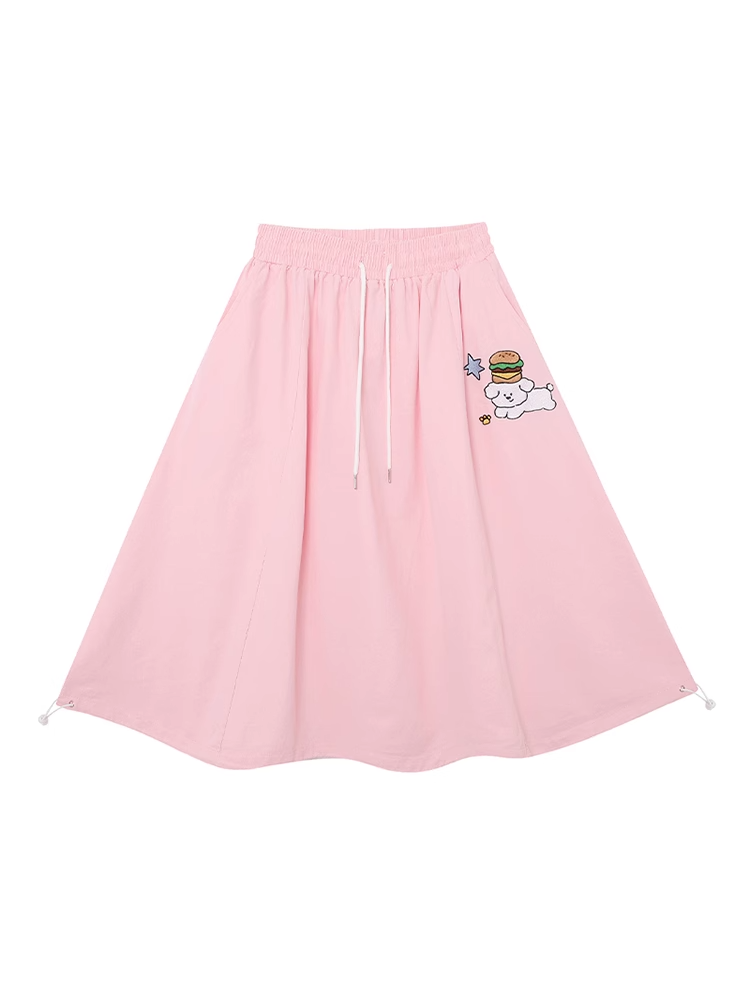 スカート Aライン ピンク ドローストリングウエスト かわいい子犬の刺繍