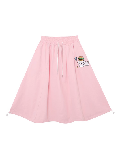 スカート Aライン ピンク ドローストリングウエスト かわいい子犬の刺繍