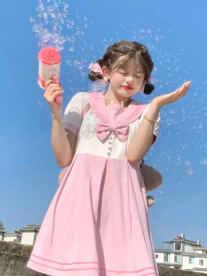 Pleat Bowknot Ears Bunny Collar Sailor Dress Pink Cute and White Box Skirt