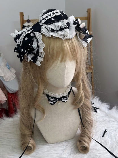 Black Bow and White KC Lolita Sweet Trim Polka-dot Lace