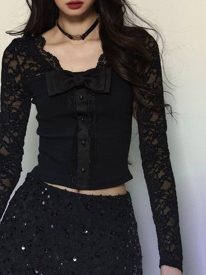 Black Bowknot Details Lace Sleeves V-neck Knit Top