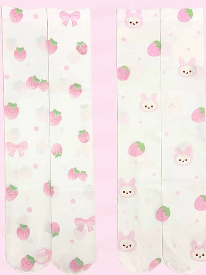 Socks 2 Strawberry Options with Print Over-the-Knee Pink