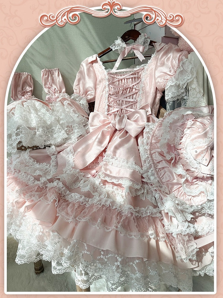Kleid Sweet Lolita Rosa Akzente Hohe Abnehmbare mit Ärmeln Schleife Taille Prinzessin