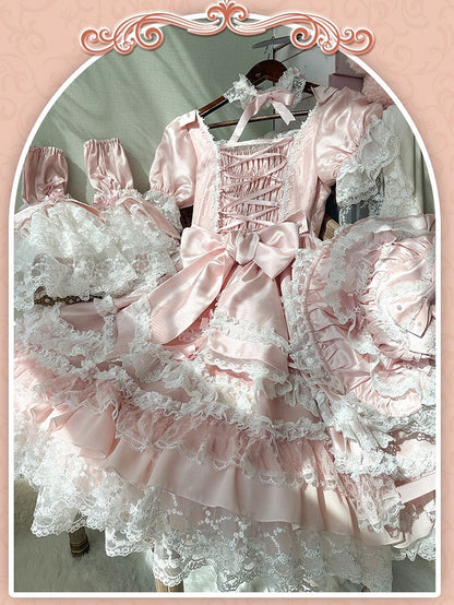 Kleid Sweet Lolita Rosa Akzente Hohe Abnehmbare mit Ärmeln Schleife Taille Prinzessin