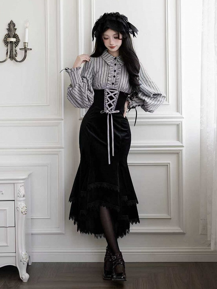 Blouse Mermaid Fake Black Pieces Two Waist and Lolita Skirt Boned Design Dress Striped