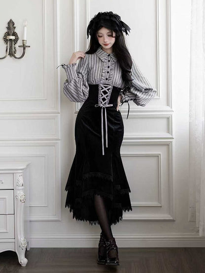 Blouse Mermaid Fake Black Pieces Two Waist and Lolita Skirt Boned Design Dress Striped