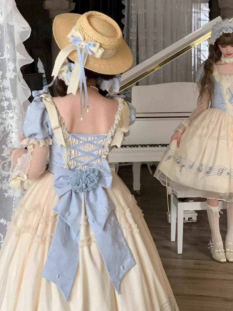 Dress Blue Version Print Lolita Elegant Note Beige Lace Violin Classic with Embroidery Long Musical
