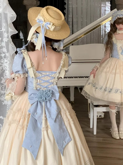 Dress Blue Version Print Lolita Elegant Note Beige Lace Violin Classic with Embroidery Long Musical