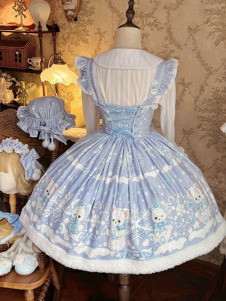 Winter Sweet Bear Purple Snowflake Lolita with Dress and Light Print