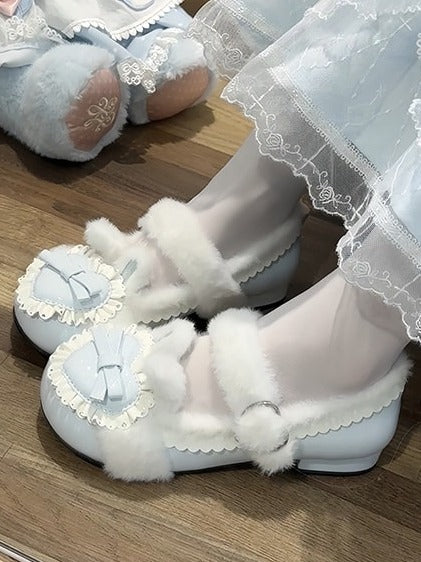 Plush Heart Light Blue Winter Lolita Round-Toe Footwear - Cute Bunny