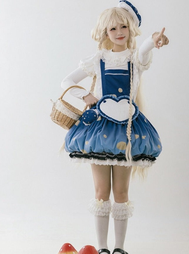 スカート帽子 + 小さな帽子 ハートアクセサリー + 大きなフリル + ケープ マッシュルーム + サスペンダー ファーブローチ帽子