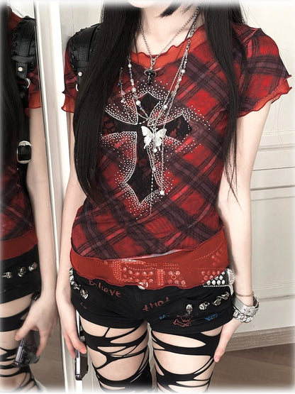 Embellished Glamorous Mesh T-Shirt Cross Y2K Punk Rhinestone Red Plaid Pattern